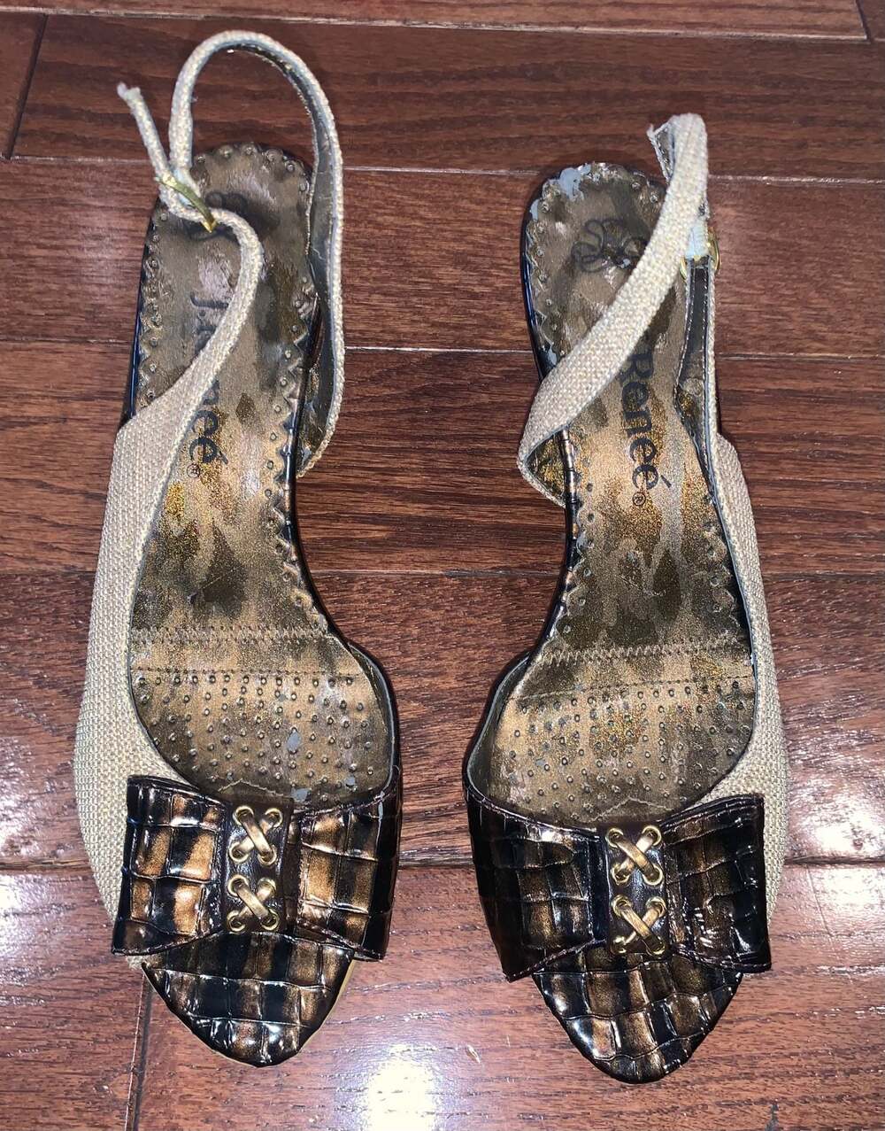 Vintage Y2K J. Renee Wedge Heels Slingback Sandals Brown Croc Embossed 6.5‎